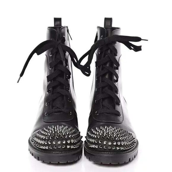 Christian Louboutin TS Croc Flat Black Calf Leather Spike Combat Ankle Boot 36 - Picture 7 of 9